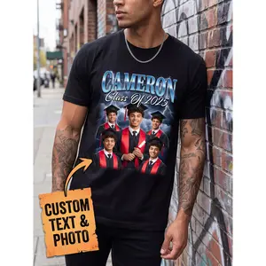 Custom Photo/Text T-Shirt Personalized 90s Vintage Bootleg Retro Suitable for Men & Women, DIY Picture Upload Crewneck Short Sleeve Tee Class of 2025 Graduation Gifts, Events, Parties, Casual Streetwe