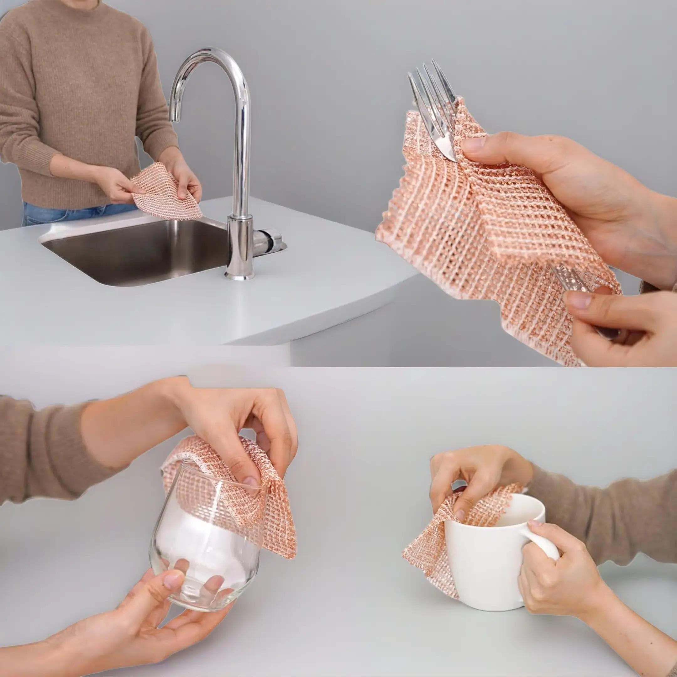 Copper Scrubbing Pads 3 Pack | 2-Ply Non-Abrasive Metal Mesh Scrubber | Reusable Copper Cleaning Cloth for Stainless Steel, Pots, Pans, Cast Iron | Kitchen Supplies Dishwashing Tools