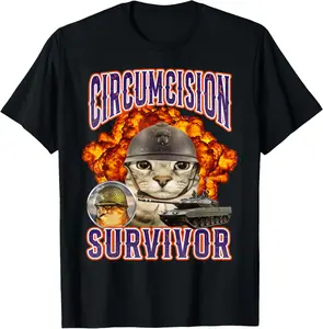 Circumcision Survivor Cat Meme Funny Casual Short Sleeve Cotton T-Shirt