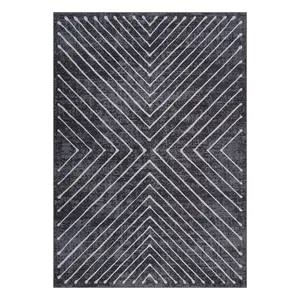 9 x 12 ft Low Pile Strip Area Rug, Dark Grey Polyester Fiber Rectangular Geometric Striped Print, High-Traffic Stain-Proof Modern Machine Washable for Living Room, Bedroom, Low Pile Rugs, Strip Area Rugs