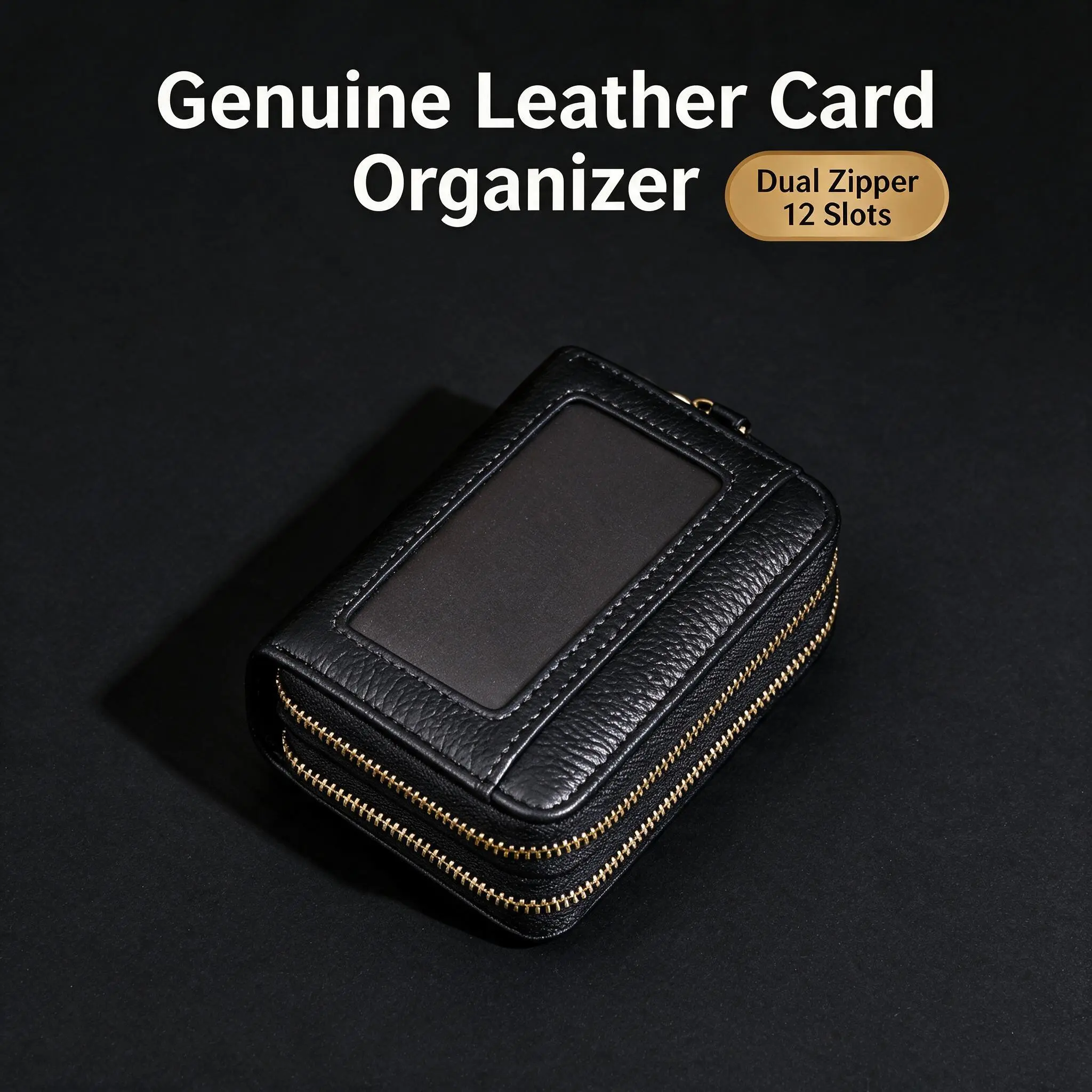 Genuine Leather Card Organizer, Dual Zipper Credit Card Holder with 12 Card Slots ID Window, Accordion Card Case Wallet with Coin Pocket, Small Travel Card Storage Organizer for Men Women, Multi-Color
