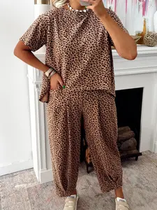 Casual Leopard Print Matching Outfit Women High-Low T-Shirt & Ankle Length Pants Comfy Loungewear #animalprint #matchingset #comfyoutfit #ootd #tiktokshop