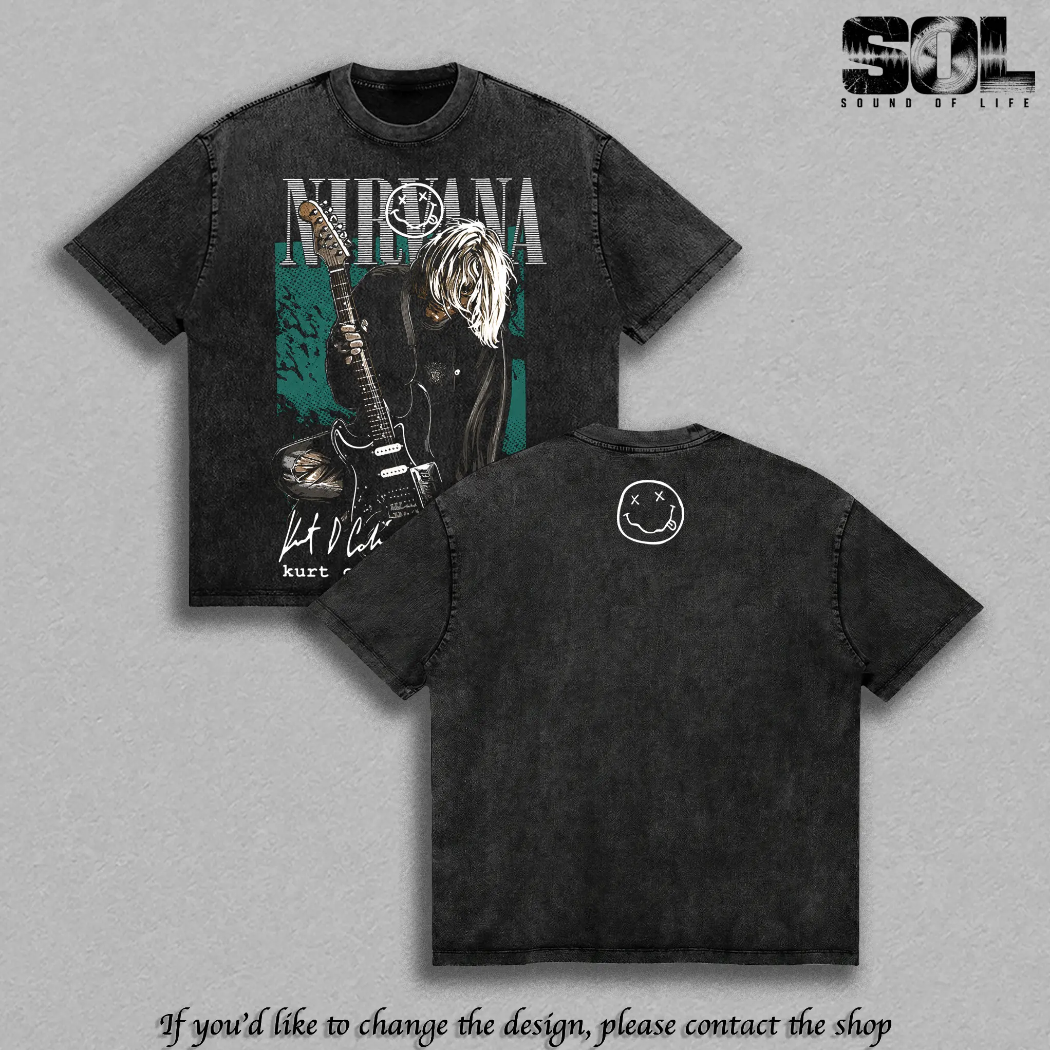 Nirvana ''Kurt Cobain'' Vintage Washed Tee, Grunge Rock Graphic Tee, 90s Band Streetwear T-Shirt, Oversized Heavyweight Cotton Double Sided Unisex Concert Merch Tee
