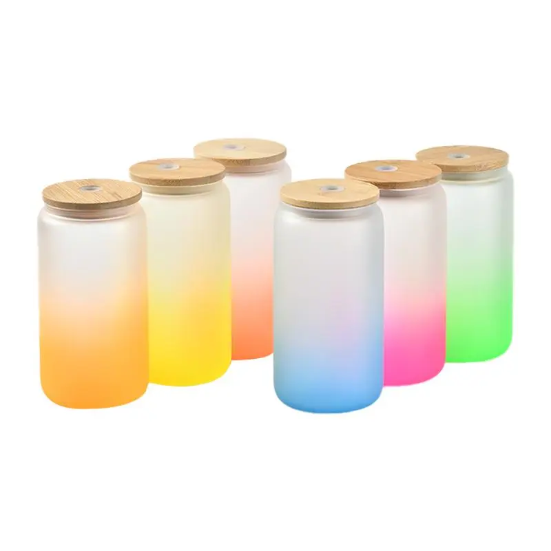 30-Pack Durable Frosted Gradient Sublimation Beer Glass Cans (16oz/500-1000ml, 6 Colors) with Bamboo Lids, Reusable Washable Cup Tumbler Set, Kitchenware Drinkware, USA Warehouse Stocked