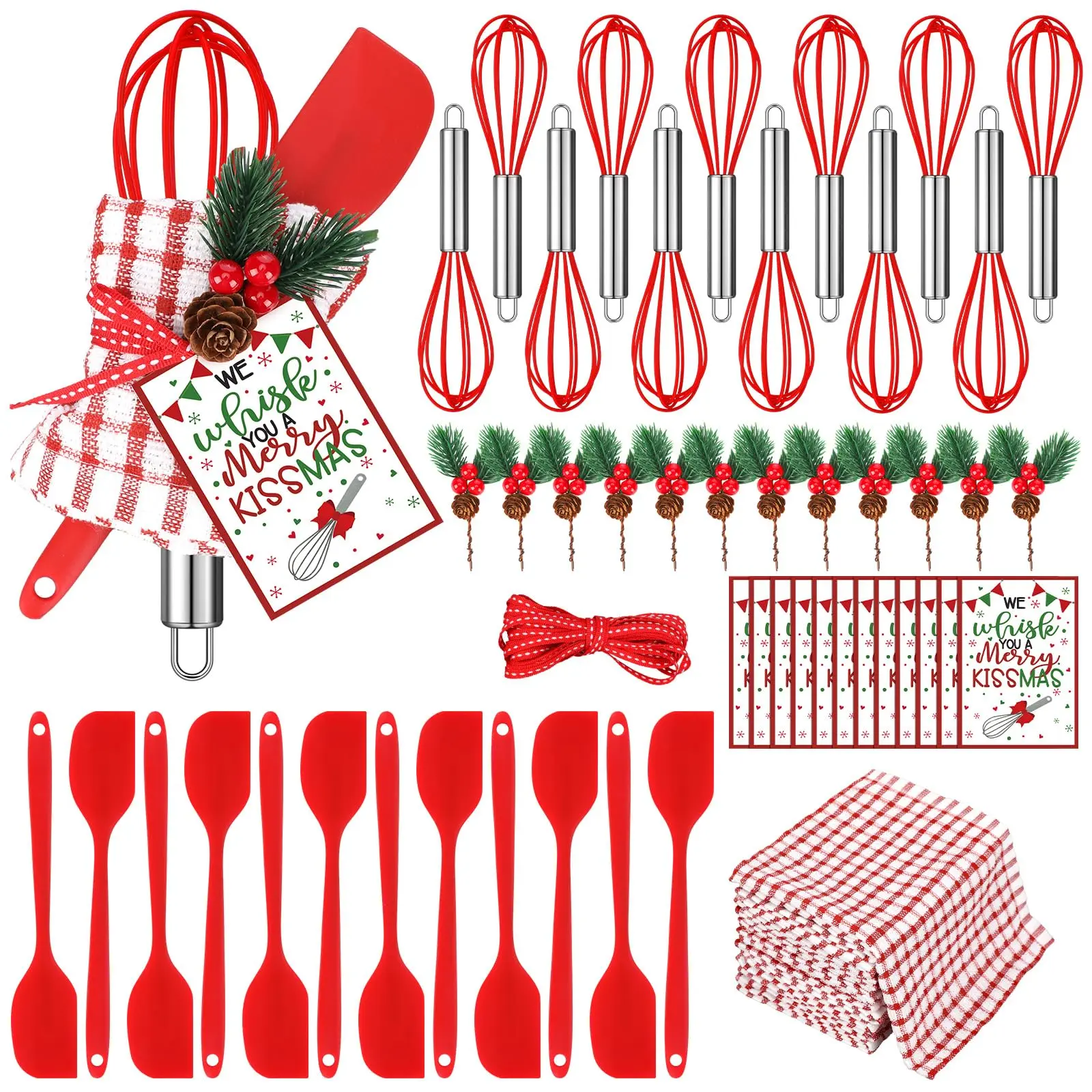 6/12/18 Sets Xmas Whisk Baking Gift Set for Holiday Kitchen Utensils Cooking Supplies Neighbor Gift Christmas Silicone Whisks Oven Mitt Pot Holder Greeting Cards Ribbon Bags