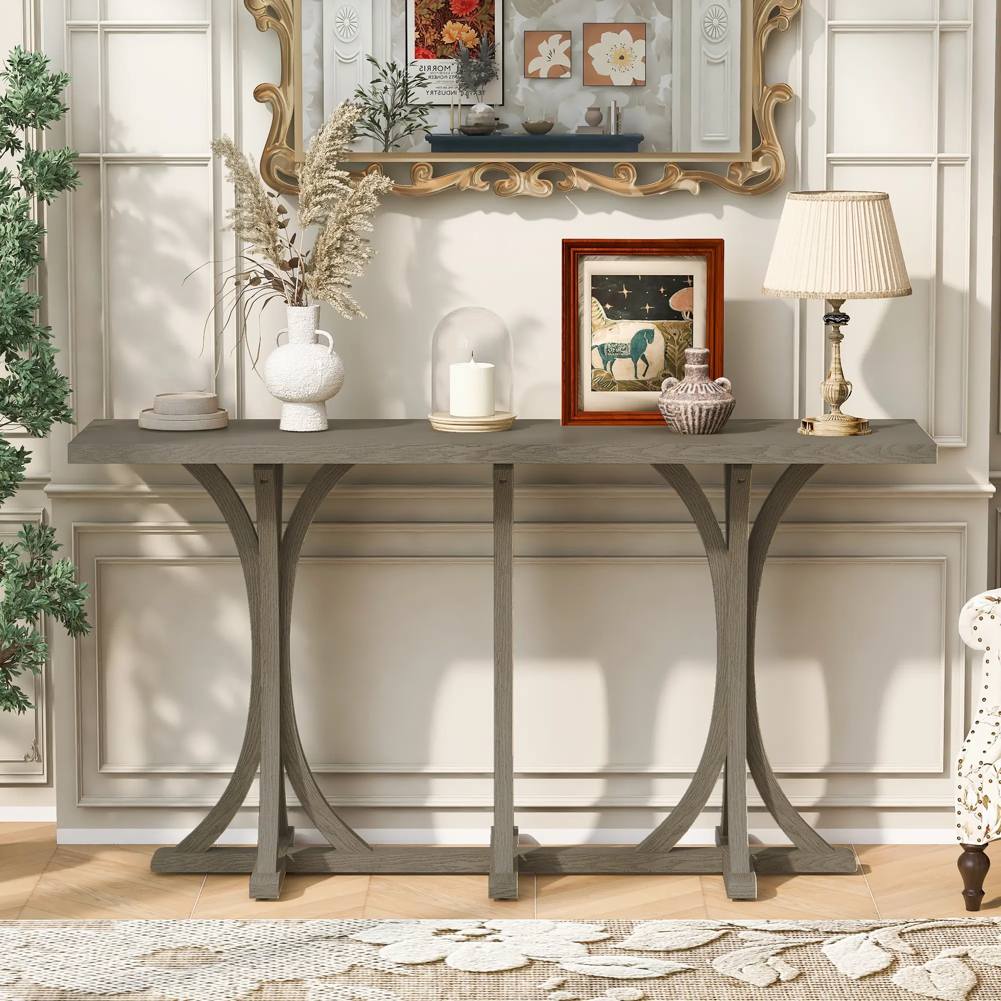 59.8'' Wooden Console Table with Oak Veneer Top Farmhouse Entryway Table Rubber Wood Slender Curved Legs for Living Room Hallway Dining Spaces Entry Table Sofa Table Narrow Table, Living Room Table for Sofa Side, Bedroom, Office