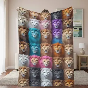 Colorful Lions Flannel Blanket  Lion Head Portrait Artistic Print  Soft Warm Lightweight Plush  Perfect for Sofa Bed Living Room  Home Decor  Travel Blanket  Housewarming Gift., Art Graphic Blankets, Character Inspired Blankets