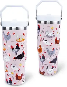 30 oz Tumbler with Handle Flip Straw Leak Proof - Chicken and Rooster Design 30oz Tumbler Travel Coffee Mug with Handle - Birthday Gifts for Women Chicken Lovers 30 Ounce Stainless Steel Cup