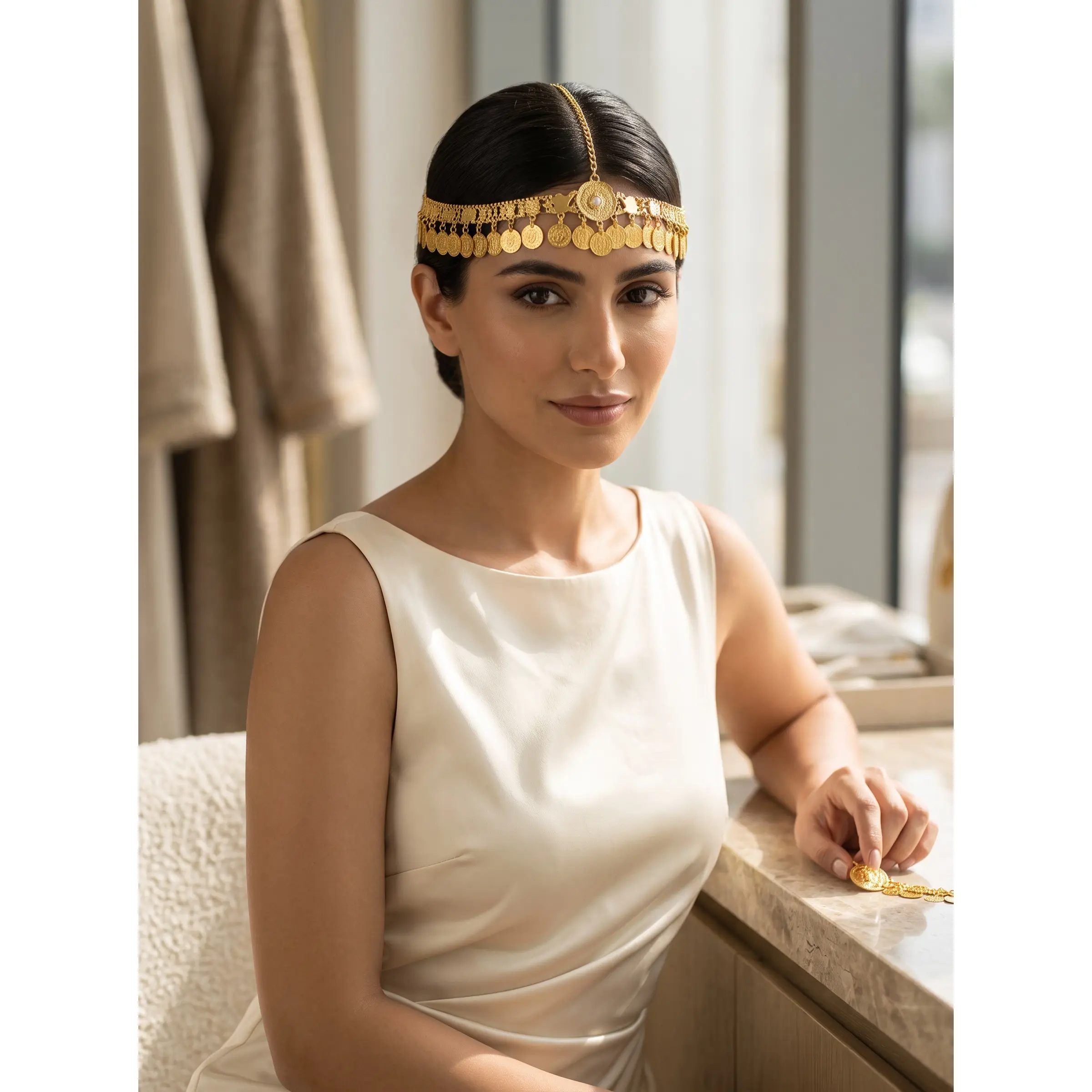 Gold-Tone Traditional Coin Headpiece for Women – Traditional Bridal Forehead Jewelry, Festival Head Chain 6099