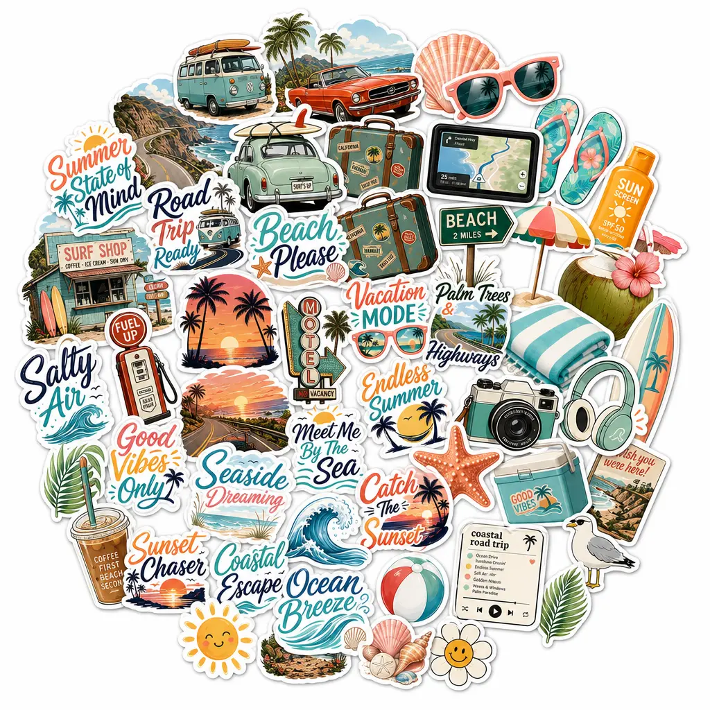 Coastal Beach Road Trip Ocean Stickers Coordinated Set - Waterproof Vinyl Crafts, Retro Die-Cut Scrapbooking Accessory, Sunset Orange Surfer Laptop Decals & Envelope Seals for Happy Mail