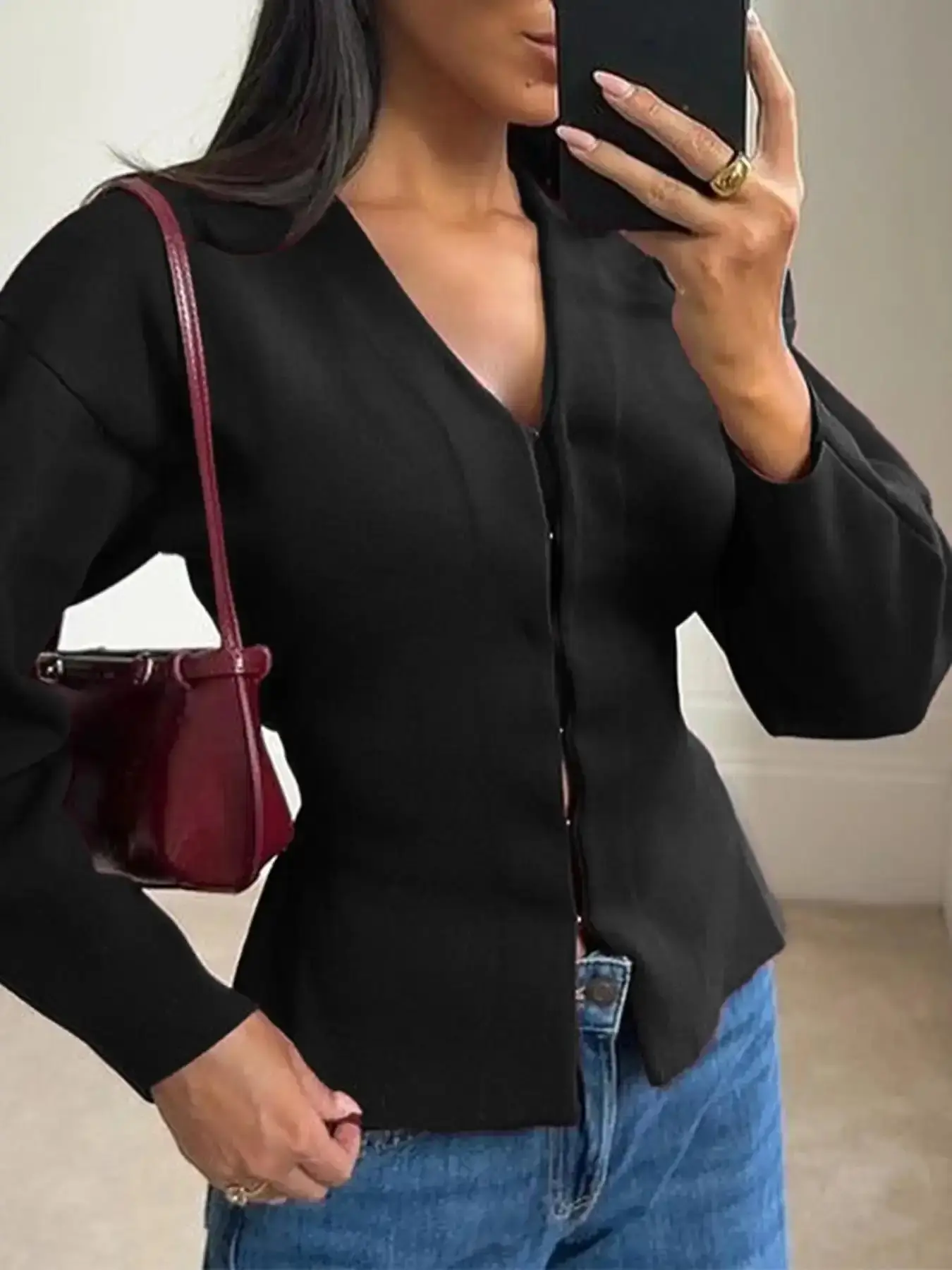 Women's Solid Color Casual Style Knit Cardigan, Lightweight Fabric, Fashion Fitted Fall Knitwear for Daily Wear & Commuting flattering fit timeless oversized all day comfort sophisticated