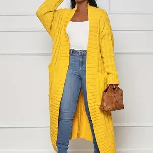 Fashion Women's Clothing Long Length Cable Knit Cardigan - Elegant Solid Long Sleeve Sweater With Pockets - Women's Clothing - Fall/Winter - Suitable Casual  Formal Occasions - Women
