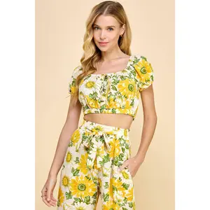 Floral Print Puff Sleeve Button Front Top