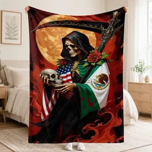 Grim Reaper Skull Flannel Blanket, Gothic Skeleton Throw, Mexican & USA Flag Dark Art Design, Moon & Scythe Horror Fantasy Plush Blanket, Soft Cozy Bed Sofa Blanket, Halloween Home Decor Gift