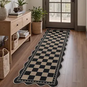 Checkered Easy Jute Runner, 2x6 Runner Rug Non Slip Washable Rug for Entryway Indoor, Checkerboard Indoor Scalloped Carpet for Hallway Laundry Balcony