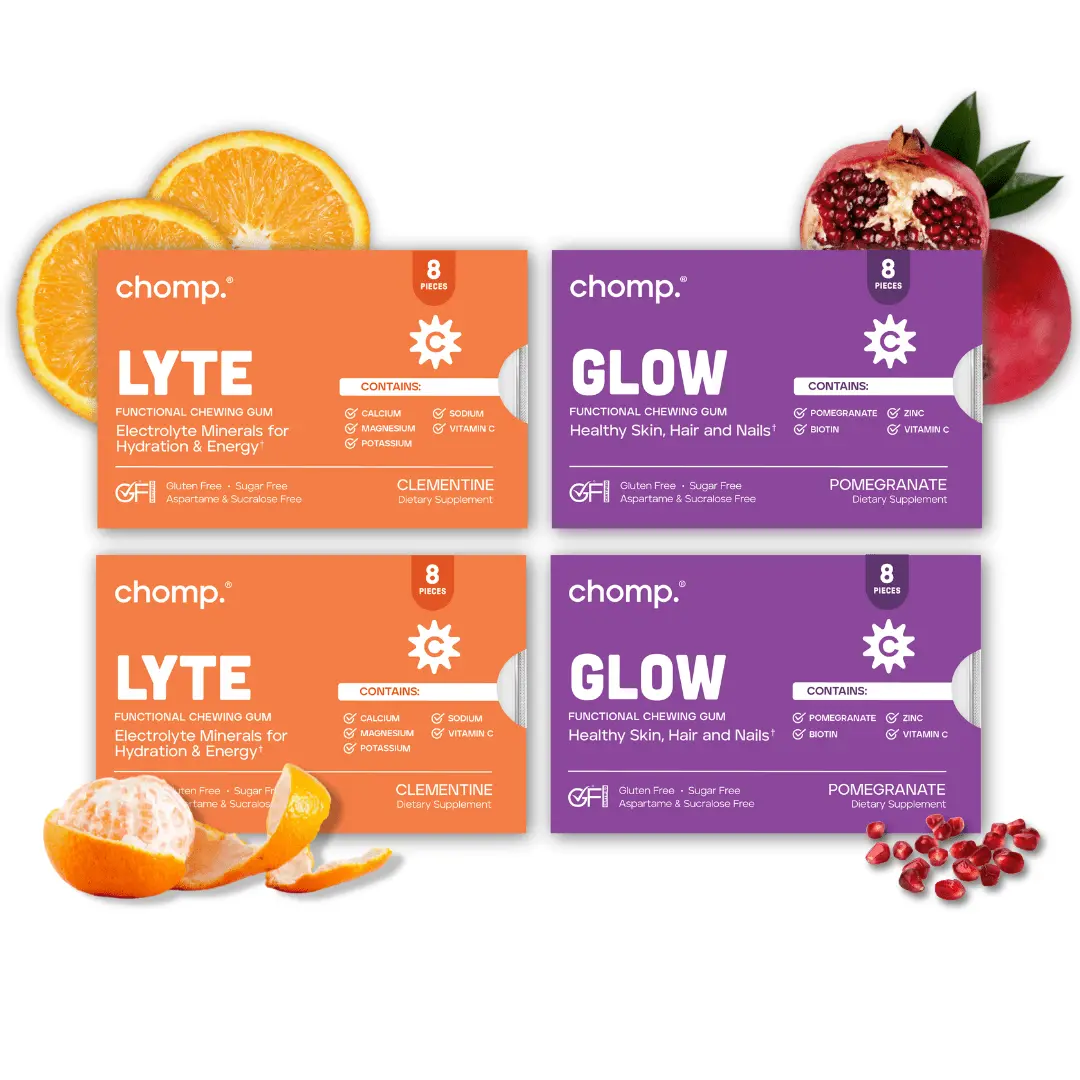 Chomp Lyte/Glow Combo 4 Pack - ElectroLYTE Minerals & Glow Beauty Gum for Hydration Energy & Natural Beauty Support