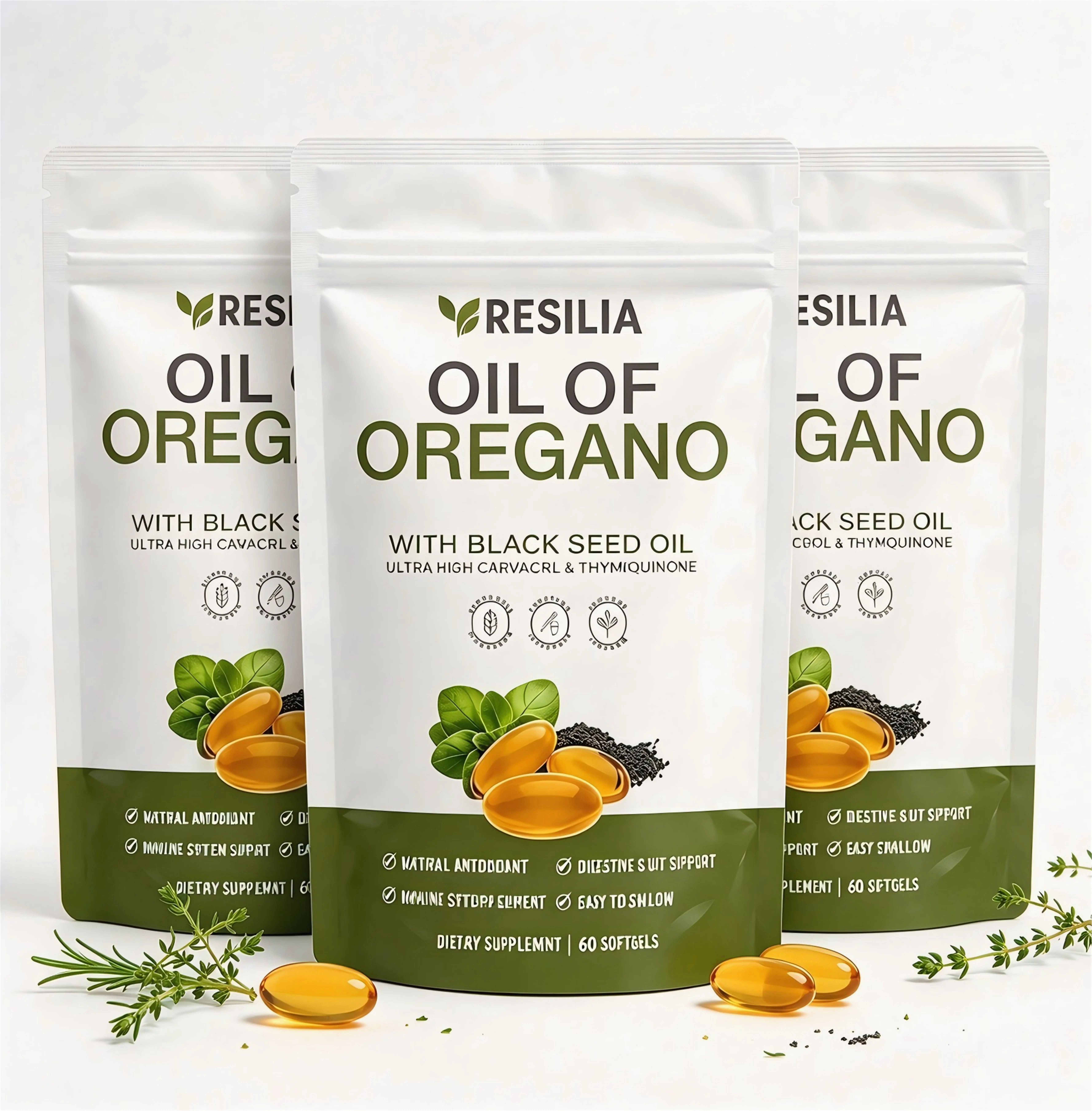 3/2/1 Resilia Softgels with Black Seed Oil – EXT Premium Grade Oregano Oil Capsules for Immune & Digestive Support – Gluten-Free Softgels – Natural Herbal Wellness Supplement (60 Count)
