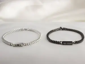 Engraved Black Stainless Steel Bar Bracelet – Personalized Name, Date, or Roman Numeral Jewelry Gift