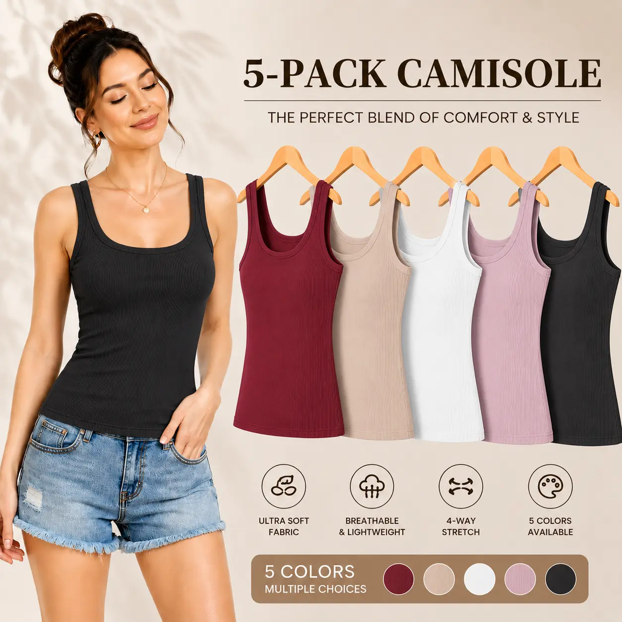【5 Pack】Women's Ribbed Tank Tops,Soft Stretch Camisole Tank Tops for Women,Sleeveless Scoop Neck Basic Cami Shirts,Cotton Rib Knit Fitted Layering Undershirt,Workout Yoga Gym Casual Summer Tops,Black White Beige Pink Burgundy,S-XXL Free shipping