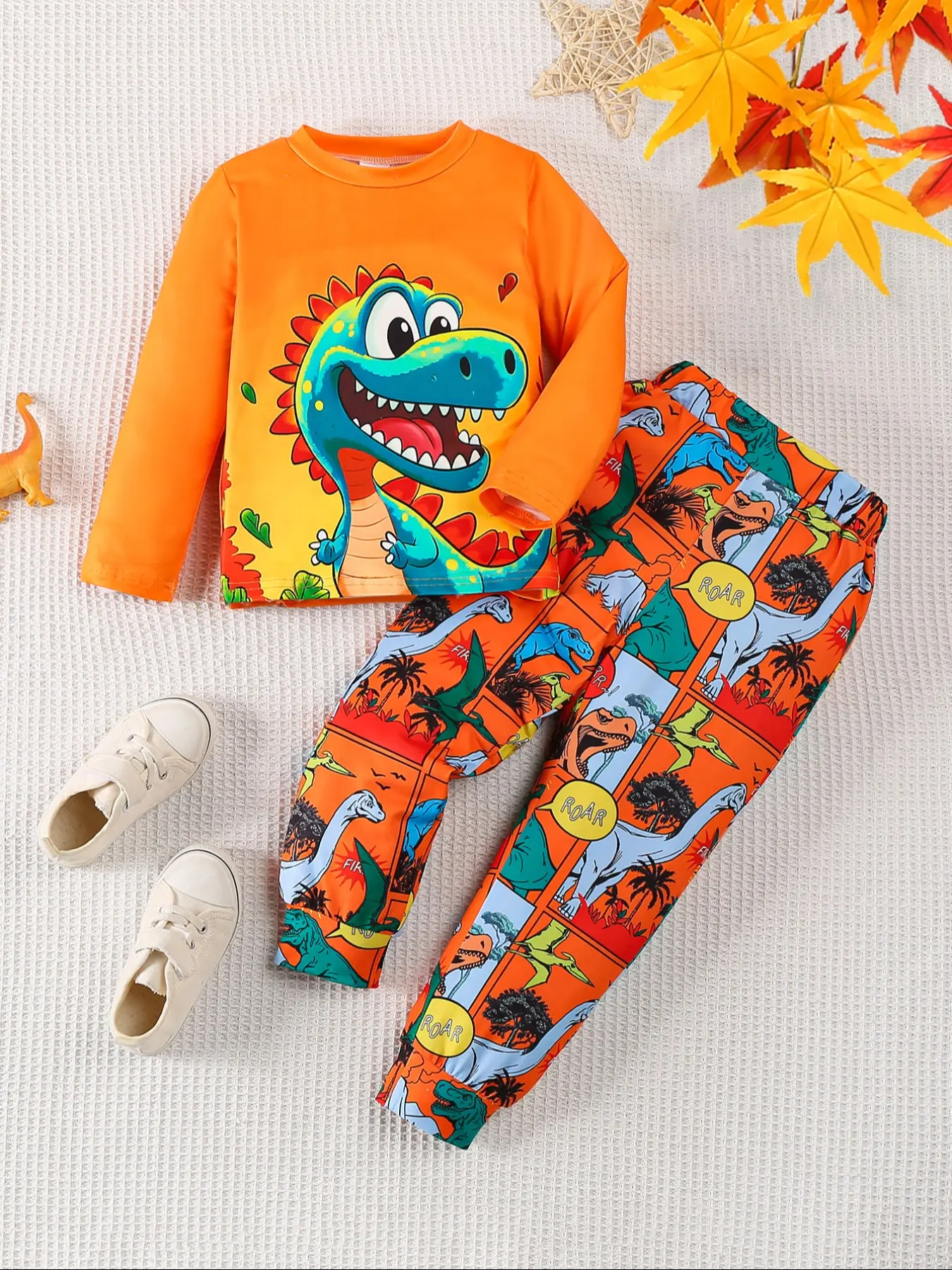 Boys' Dinosaur Print Long Sleeve Top & Knit Pants Round Neck Set, Casual Fall Winter, Comfortable Daily Wear, Kids Clothing, Clothes Kids, Matching Outfit Sets