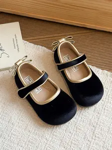 Girls' Velvet Gold Trim Mary Jane Shoes, Soft Sole Anti-Slip Round Toe Flat, Elegant Princess Shoes for Performances/proms