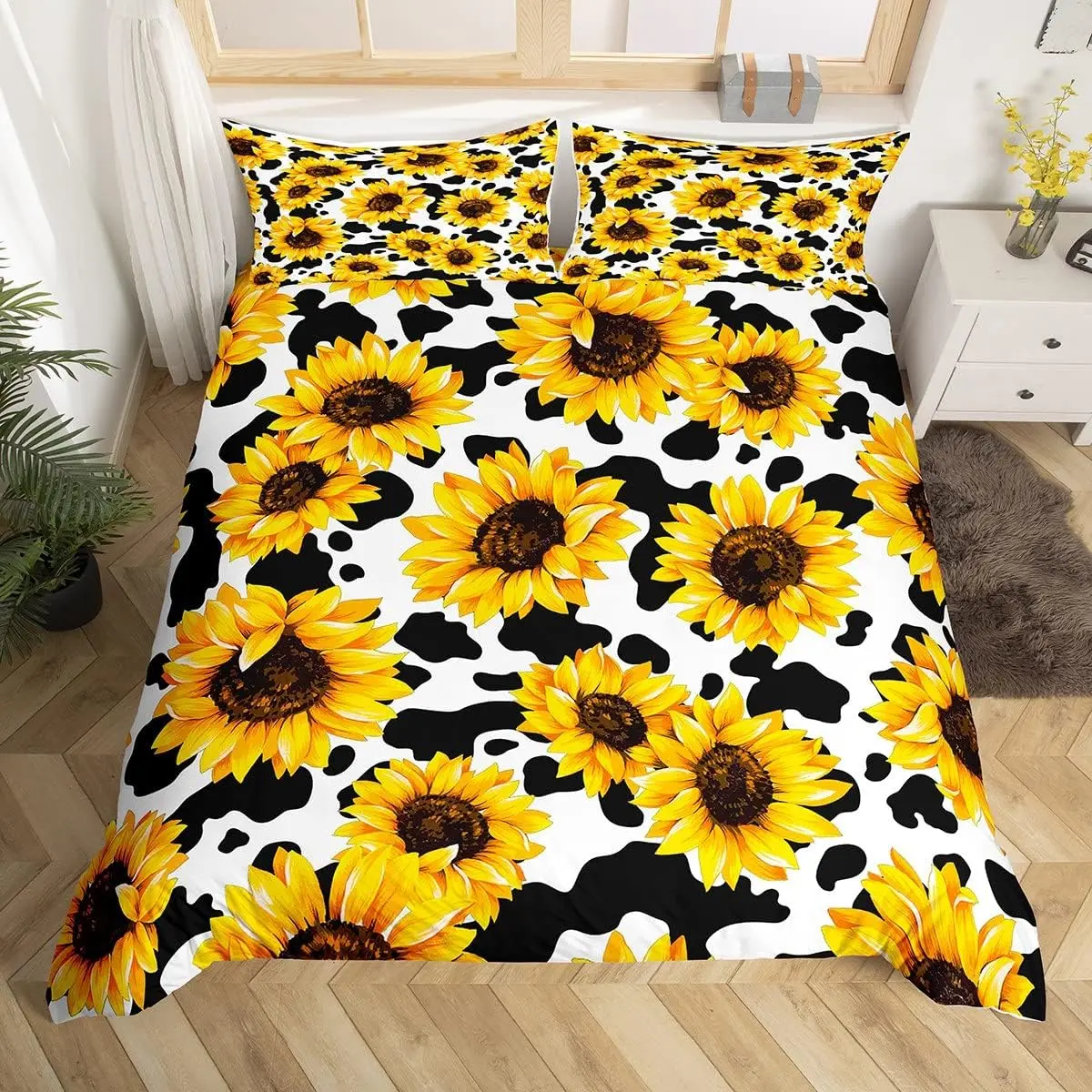 Feelyou Decorative Duvet Cover Bedding Set - Breathable All-Seasons Linens, Sunflower Pattern, Yellow Floral Design, Leopard Print Accent for Black-White Milk Cow Themed Bedrooms (Duvet Cover Sets)
