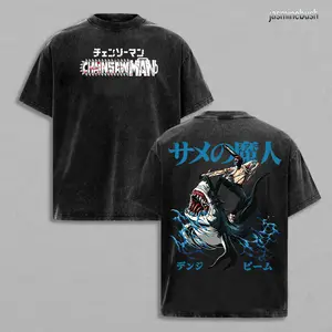 Chainsaw Man Vintage Washed Anime T-Shirt | Denji & Beam Shark Fiend Graphic Tee | Oversized Streetwear Shirt | Heavy Cotton Retro Manga Gift for Chainsaw Man Fans