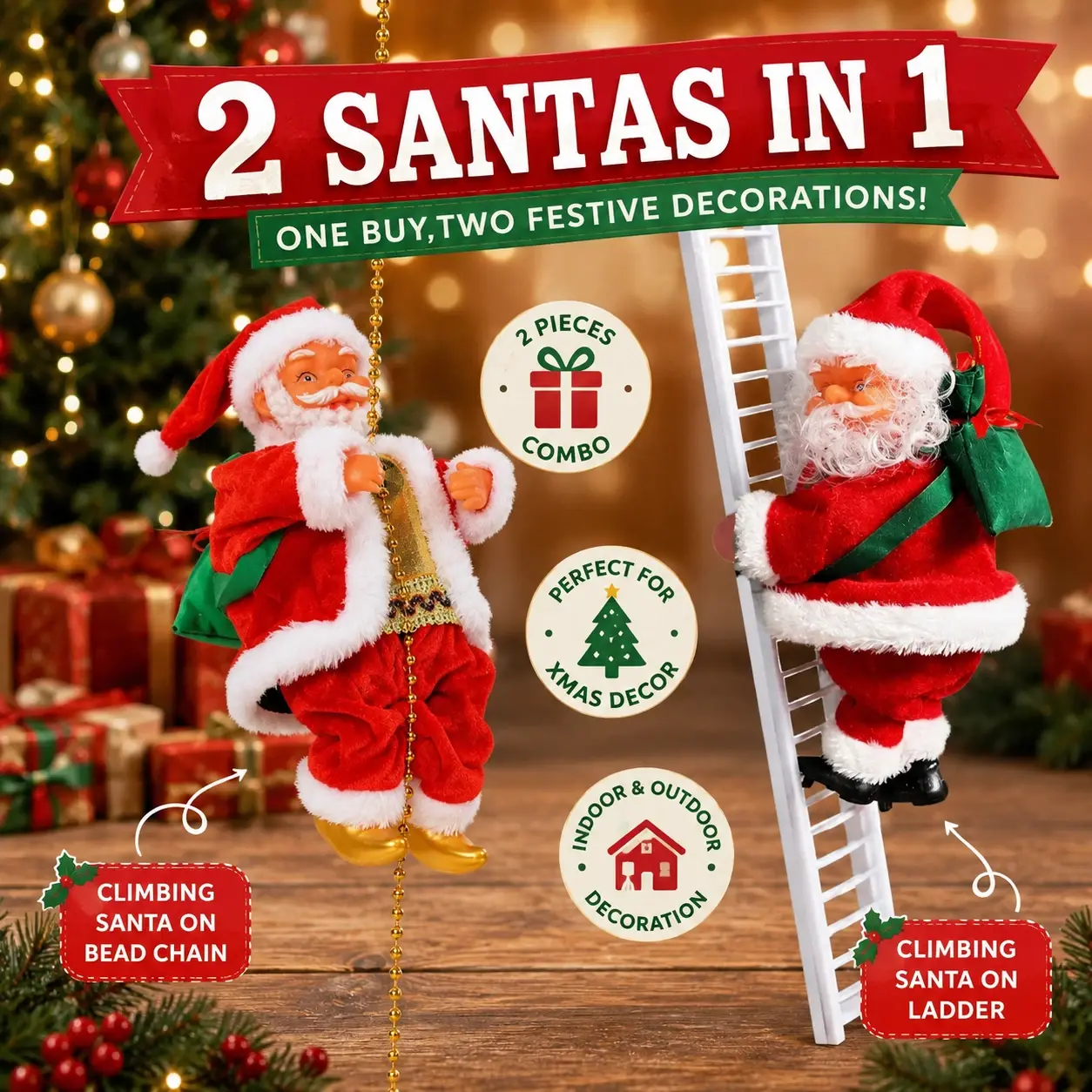 Animated Climbing Santa Claus w/ Music Ladder & Rope Christmas Decoration 2-Pack 2 santas por el precio de 1