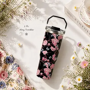 1 Pc 30oz Tumbler, Leakproof Tumbler, Sakura Blossom Design, Black Floral Insulated Tumbler, Travel Mug with Handle, Unique Pink & Blue Blossom Print, Leak-Proof, Perfect for Spring, Gift for Women, Floral Drinkware