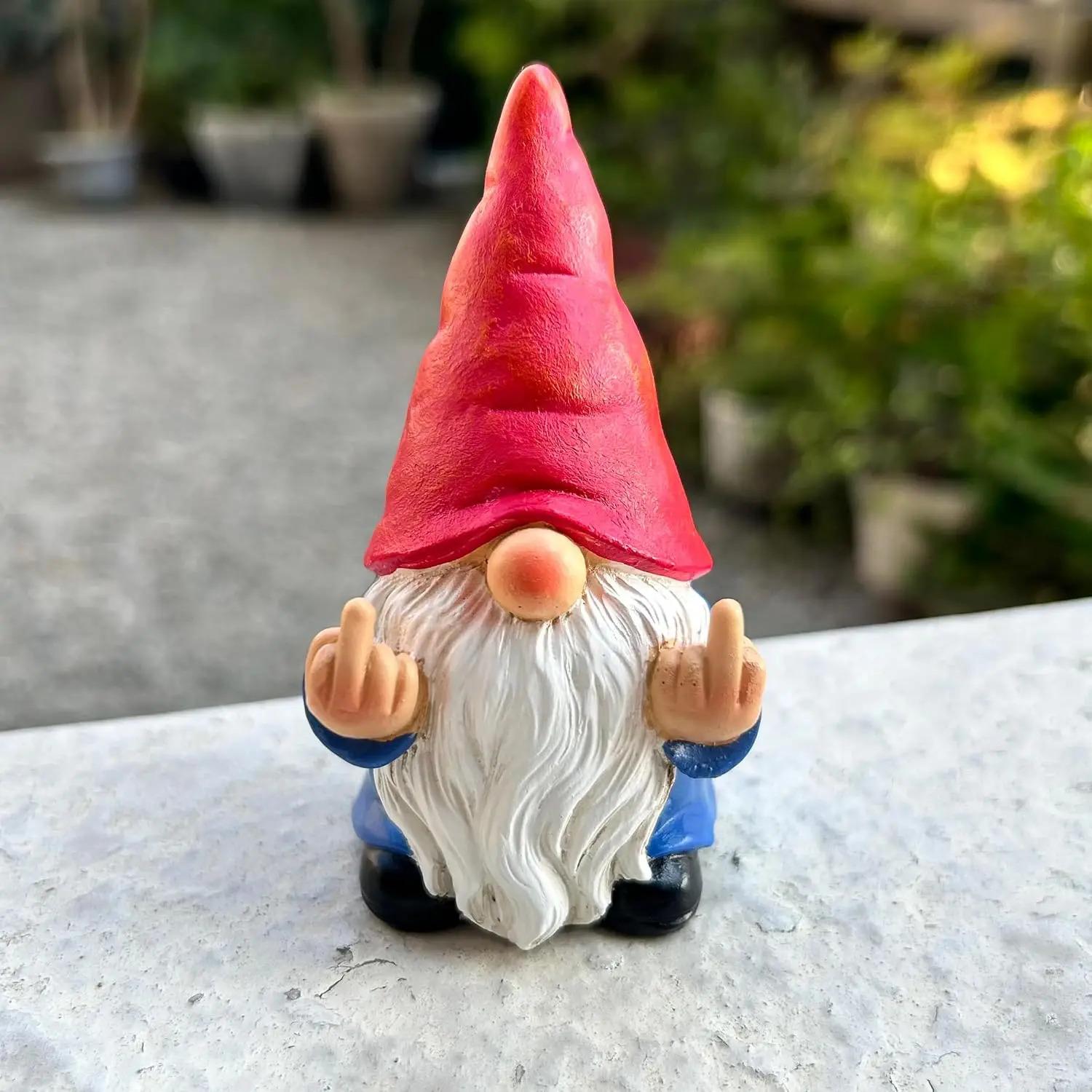Funny Double Middle Finger Dwarf Gnome Resin Statue Novelty Outdoor Lawn Courtyard Ornament Creative Home Garden Landscape Decoration Resin Art Craft Decor