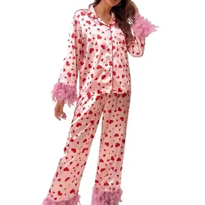 Women Heart Print Pajamas Valentines Day Long Sleeve Feather Trim Pj Set Button Down Shirt Pajama Pants Matching Two Piece Loungewear Nightwear Satin Pink Womenswear