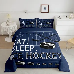 Ice Hockey Comforter,Hockey Sports Winter Sports Luxury Bedding Set,Blue Eat Sleep Hockey Comforter Set,Winter Sports Hockey Designer Bedding Sets