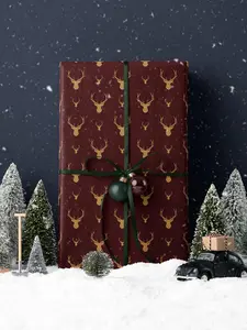 Minimal Gold Stag Wrapping Paper Christmas, Refined Burgundy Holiday Gift Wrap for Elegant Christmas Decor, Stylish Deer Seasonal Gift Wrap