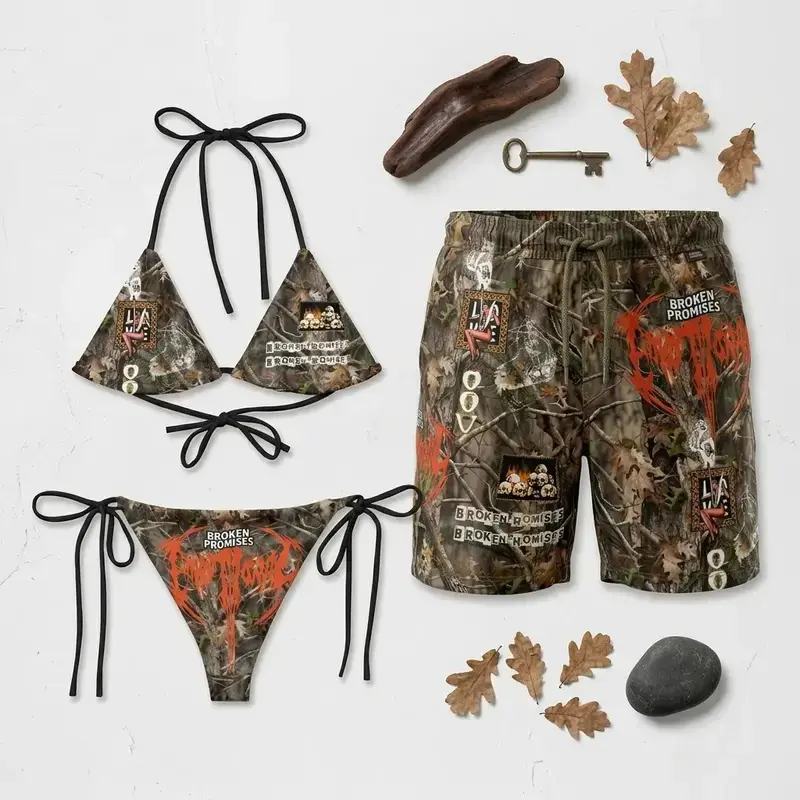 Retro Couples Camo Swimwear Set – Tie-Side Bikini & Men's Beach Shorts, Tropical Summer Beach Outfit, Quick-Dry Vacation Swimsuits