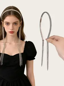 Silver Color Alloy Hairband with Rhinestones, Detachable Fringe Design, Comfortable High Elasticity, Perfect for Daily Commute and Parties