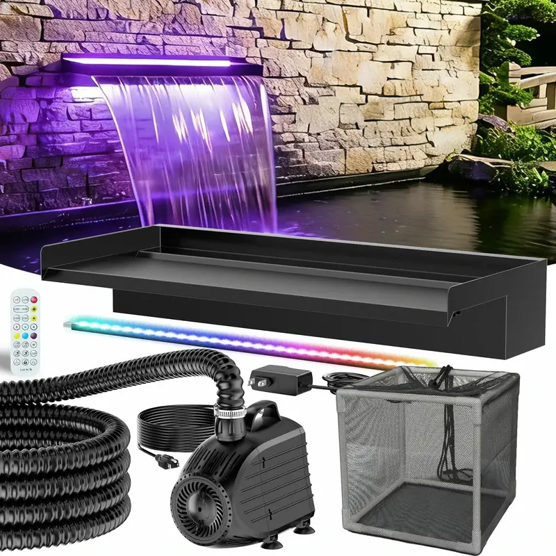 POPOSOAP 80W 1200GPH Waterfall Pump Kit with 24" Spillway & LED Light – Outdoor Pond Water Feature System for Garden & Backyard
