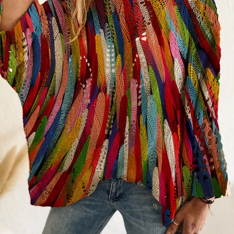 Women's Casual Fashion Knitwear Long Sleeve Batwing Lightweight Knit Top, Heart Pattern Design, Loose Fit, Perfect for Spring & Summer, Ideal for Daily Wear, Knitwear, Chic, Knitted, Knitting