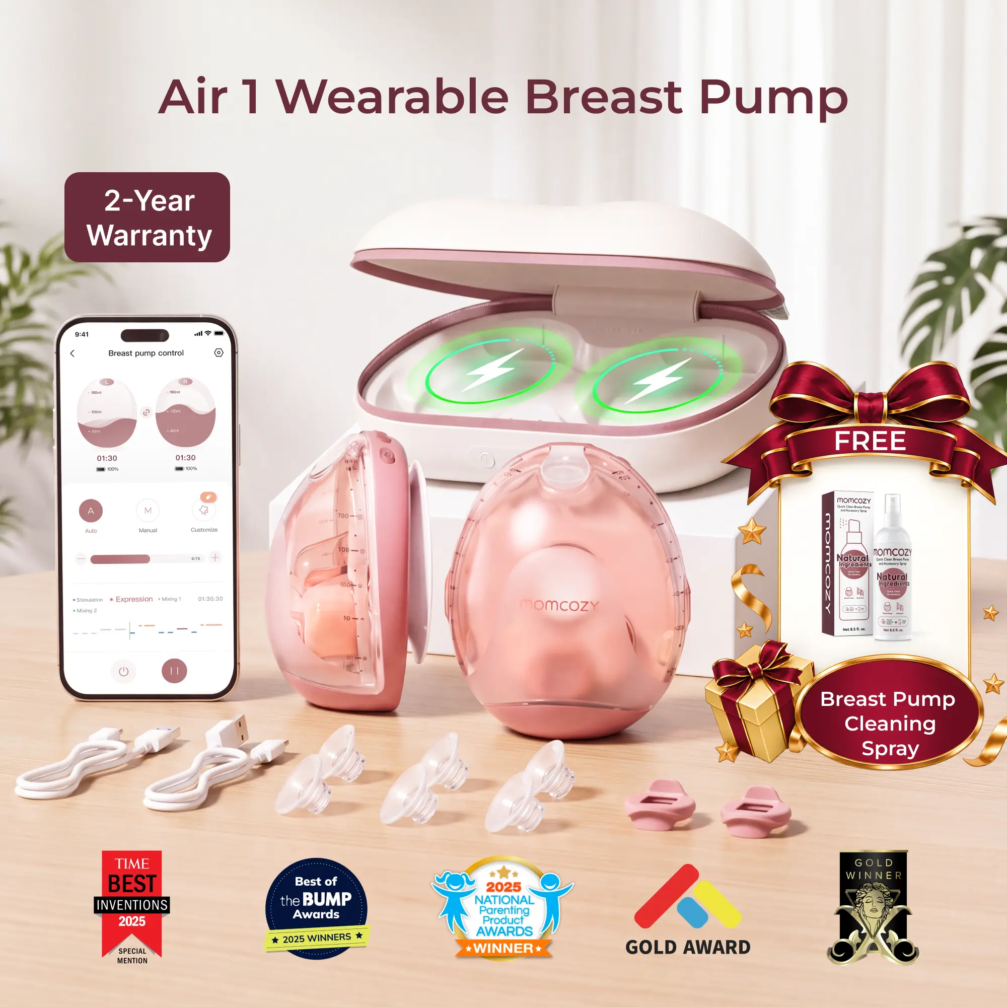 Momcozy Air 1 Wearable Breast Pump,Ultra-Slim with Wireless Charging Case | Ultra-Slim Hands-Free,Top-View Visible, App Control, Auto Mode Switching, Milk Tracking & Full-Collector Alerts, 6oz