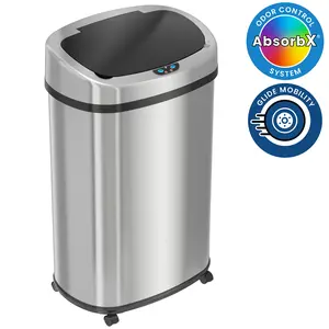 13 Gallon Oval Rolling Sensor Trash Can with Wheels Stainless Steel with Odor Filter