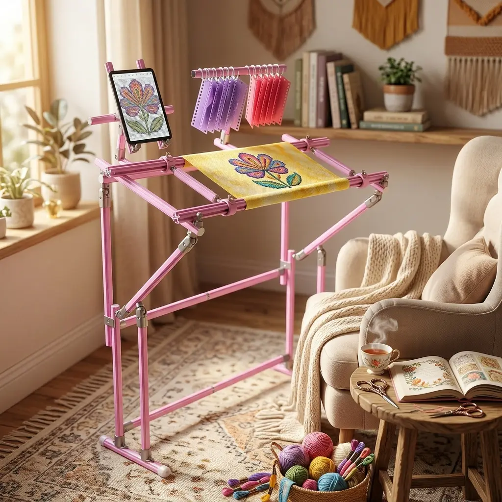 4th Gen Adjustable Cross Stitch Stand – Sturdy Aluminum Base with Height, Width & Tilt Adjustment | Phone & Thread Holder Included | Suitable for small, medium, and large scroll frames (scroll frame not included)