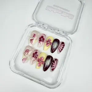 Pink & Burgundy Ombre Press On Nails – Long Almond, 3D Flower & Pearl Accents, Dot Swirl Design (Handmade, 10pcs)