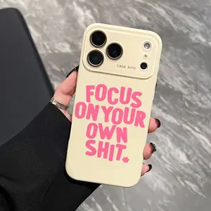 FOCUS ON YOUR OWN SHIT Pink Slogan Dopamine Ins Style Solid Color Phone Case with Ultra Skin friendly Touch, All Inclusive Lens Phone Case Suitable for iPhone 17 Pro Max Phone Case 17Air 17 16E 16 15Plus 15 Pro Max 14 13 12 Phone Cases