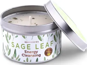Sage Leaf Energy Cleansing Candle in 6-oz. Tin Holder: 100% Natural Soy Wax with Pure White Sage Leaves & Essential Oils for Smudging and Intention Setting; Great Housewarming Gift Scented Light