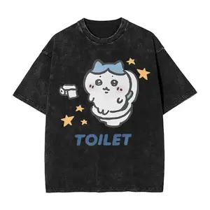couple setChiikawa Toilet Time Washed T Shirt Male Aesthetic Pure Cotton T-Shirts Summer Comfortable Tee Shirt Custom Logo Oversized Tops Menswear Vintage