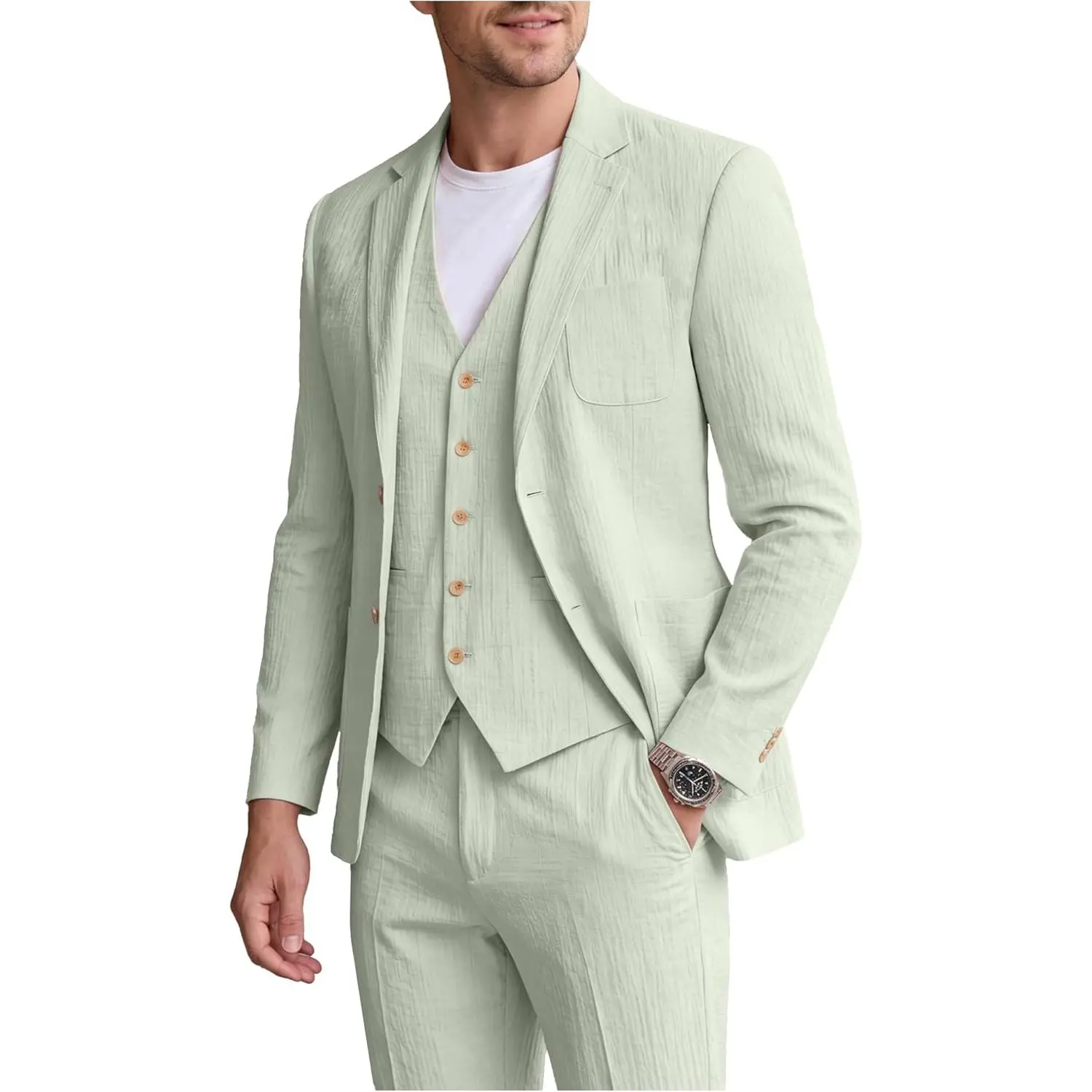 Mens Suits 3 Piece Slim Fit Suit Casual Suits Set for Men Lightweight Suit Blazer Vest Pants for Summer Wedding