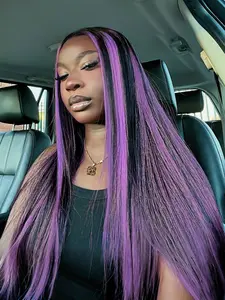 Black Purple Highlight 13x4 Lace Front Wig Free Part Straight Wig Pre Plucked Natural Hairline Heat-Resistant Synthetic Wig Concert Look Straight Wig Coachella Festival Look Lace Frontal Wigs for Women Daily Wear 28 Inches
