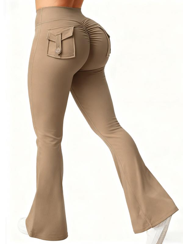 Women's High Waisted Tight Fit Flare Pants with Pockets, V-Shape Waist Design, Butt Lifting Yoga Pants, Casual Fall Winter Workout Wear, High Stretch Leggings