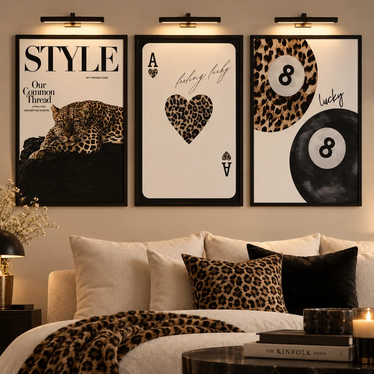 Vintage Leopard Print Canvas Wall Art Poster, Lucky 8 Ball Retro Aesthetic Artwork, Cheetah Animal Print and Playing Card Design, Trendy Neutral Wall Decor for Bedroom, Living Room, Dorm, Apartment, Fashion Lover Gift