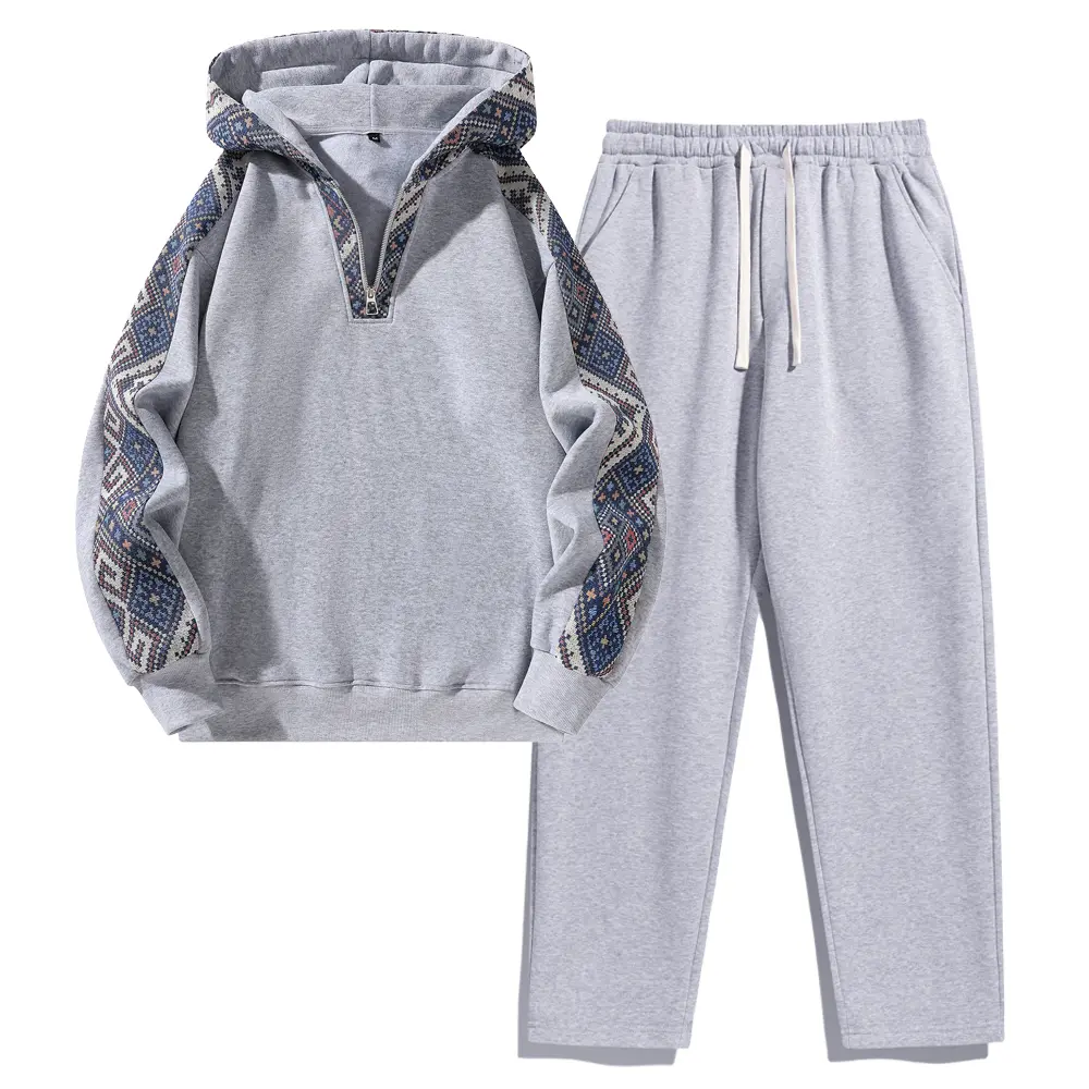 Fleece-Lined 2-Piece Tracksuit, Unisex Knitted Set with Ethnic Pattern, Quarter-Zip Hoodie and Straight-Leg Joggers, 2 Piece Sets, Knitting, Fitted, Outdoor