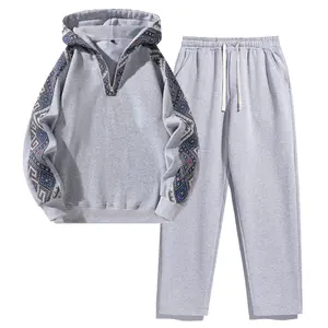 Men's Casual Set Ethnic Pattern Patchwork Hoodie Long Sleeve Quarter Zip Sweatshirt & Straight Leg Pants Fleece Warm Lining Unisex Fit Clothes Menswear Grey joggers men Outfit